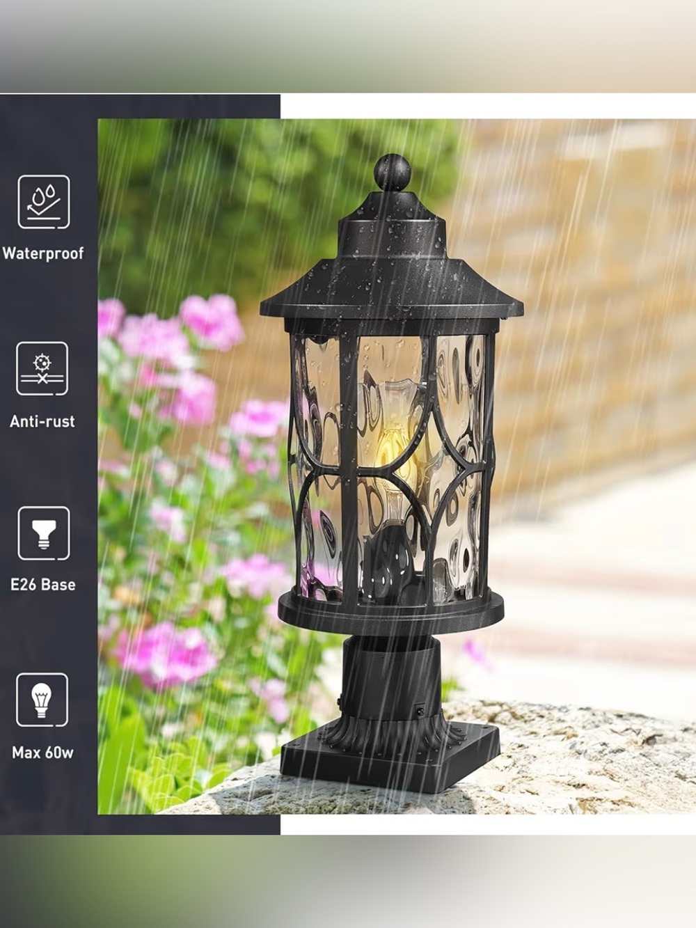zeyu 17” Black Outdoor Post Light Water Ripple Glass Lantern New